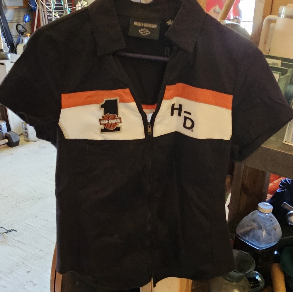 Harley-Davidson Black and Orange Women's Zip-Up Shirt Small
